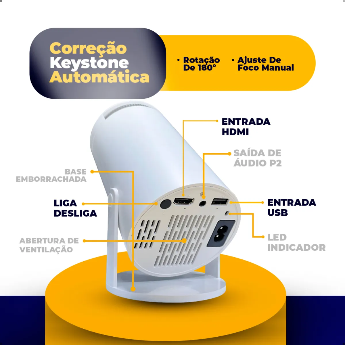 Mini Projetor Portátil Hy300 4K com Android, Wi-Fi e Bluetooth