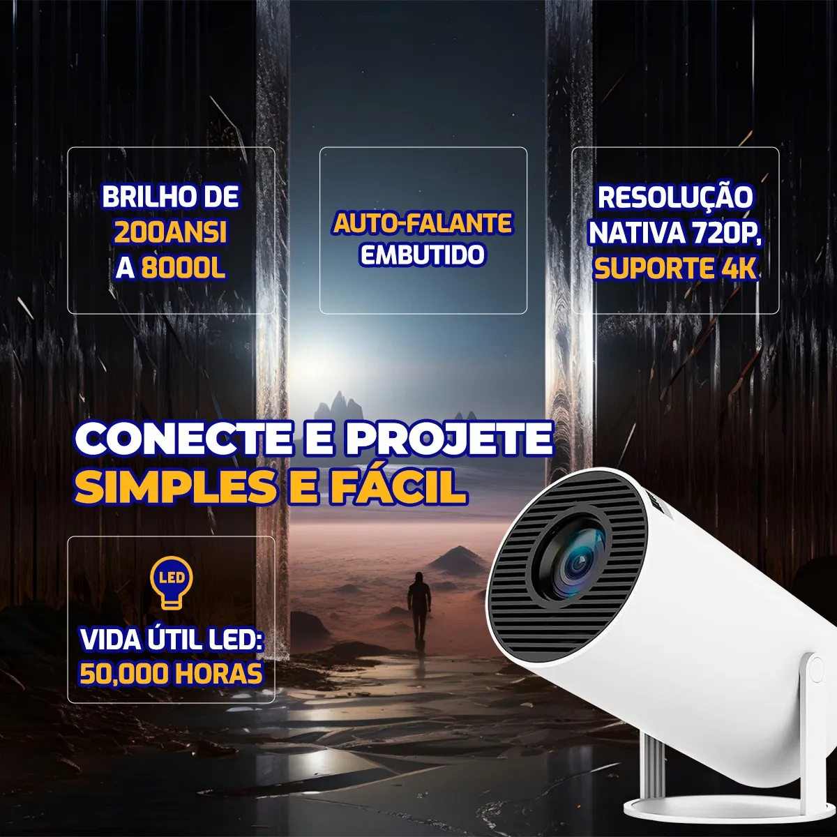 Mini Projetor Portátil Hy300 4K com Android, Wi-Fi e Bluetooth