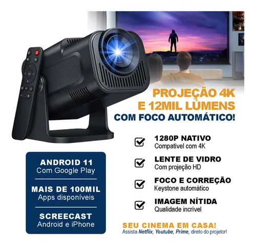 Projetor Hy320 Davely Smart TV Android WiFi6 390 ANSI Lumens Full HD 4K Mini Projetor Portátil Preto com Controle Remoto
