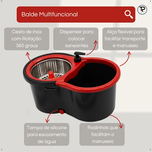 Mop Giratório Balde Cesto Inox Limpeza Esfregão 360 Spin