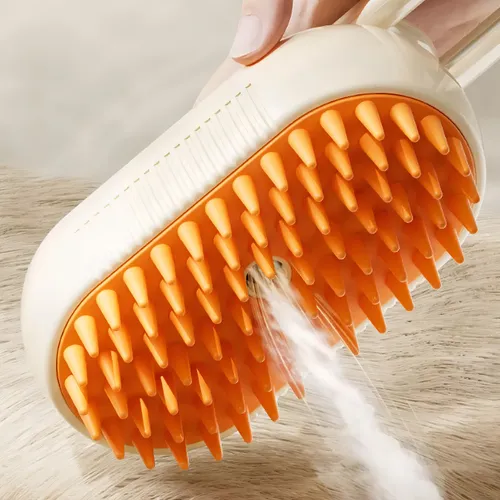 Escova de vapor massageadora macia para cães e gatos 3 em 1 com alça bege