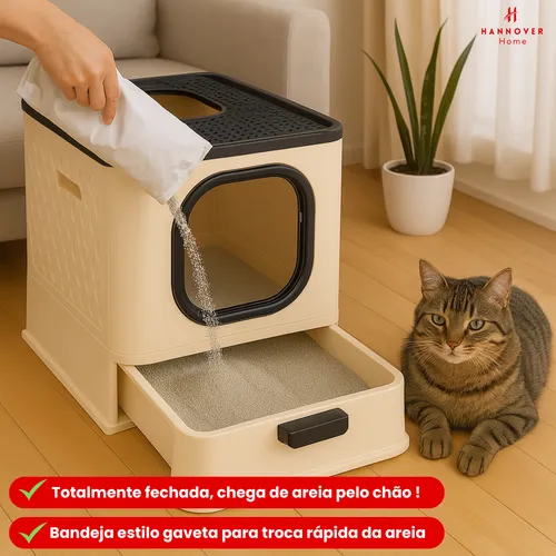 Caixa De Areia Premium Para Gatos Fechada Furba Grande Sandbox Luxo Bege