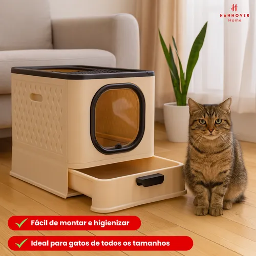 Caixa De Areia Premium Para Gatos Fechada Furba Grande Sandbox Luxo Bege