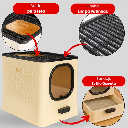Caixa De Areia Premium Para Gatos Fechada Furba Grande Sandbox Luxo Bege