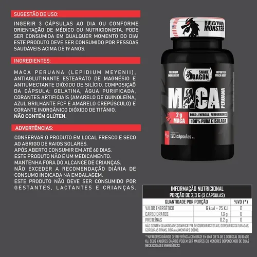 Maca Peruana 100% Pura 120 Cápsulas Pote Preta Sabor Sem sabor